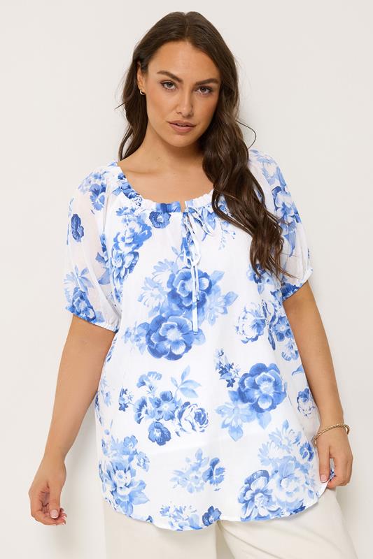 YOURS Plus Size Blue Floral Tie Neck Top | Yours Clothing 1