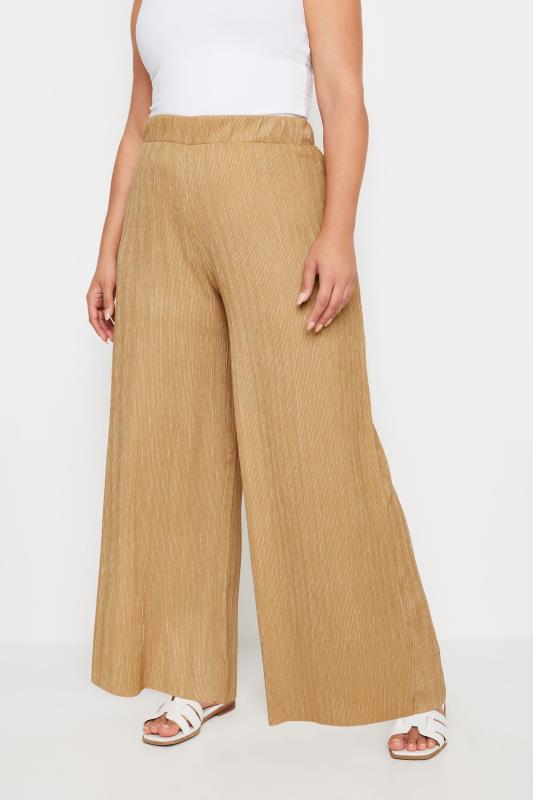 YOURS Plus Size Natural Brown Textured Wide Leg Trousers | Yours Clothing 1