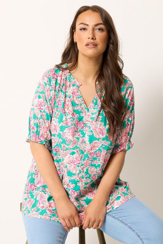  YOURS Curve Green Floral Print Frill Neck Top