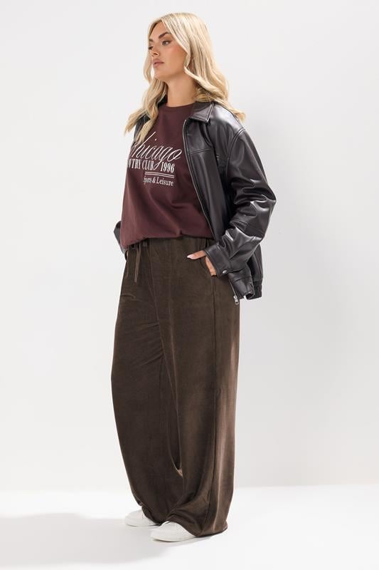  YOURS Curve Chocolate Brown Cord Drawstring Wide Leg Trousers