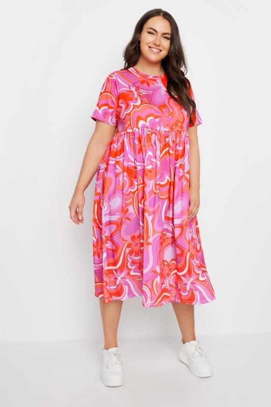 YOURS Plus Size Pink Retro Floral Print Smock Dress | Yours Clothing 2