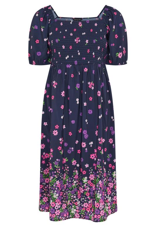 LIMITED COLLECTION Plus Size Navy Blue Floral Border Print Shirred Midi Dress | Yours Clothing 5