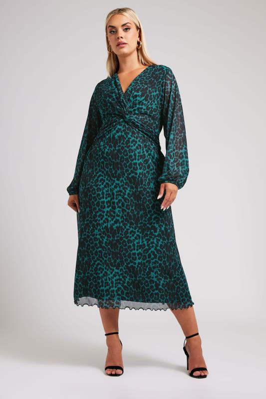 YOURS LONDON Plus Size Green Leopard Print Mesh Midaxi Dress | Yours Clothing  2