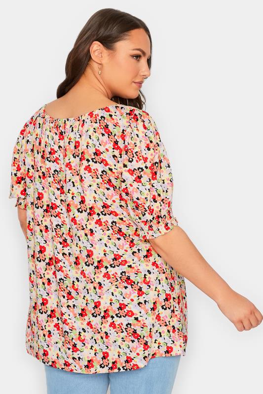 YOURS Curve Plus Size White & Red Floral Tie Neck Top | Yours Clothing  3