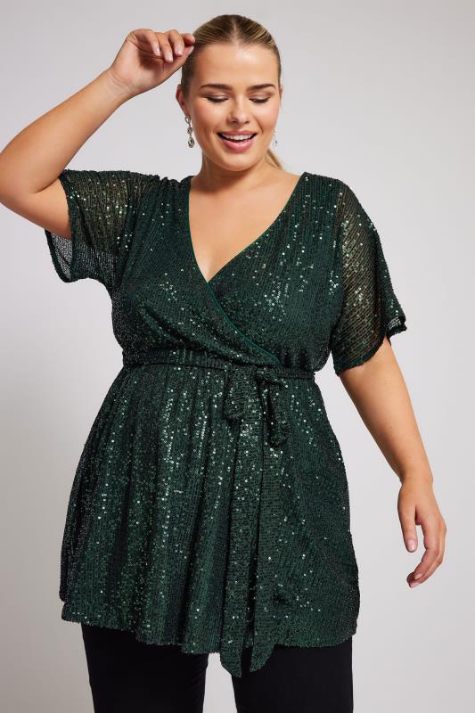 Plus Size  YOURS LONDON Curve Green Sequin Wrap Top