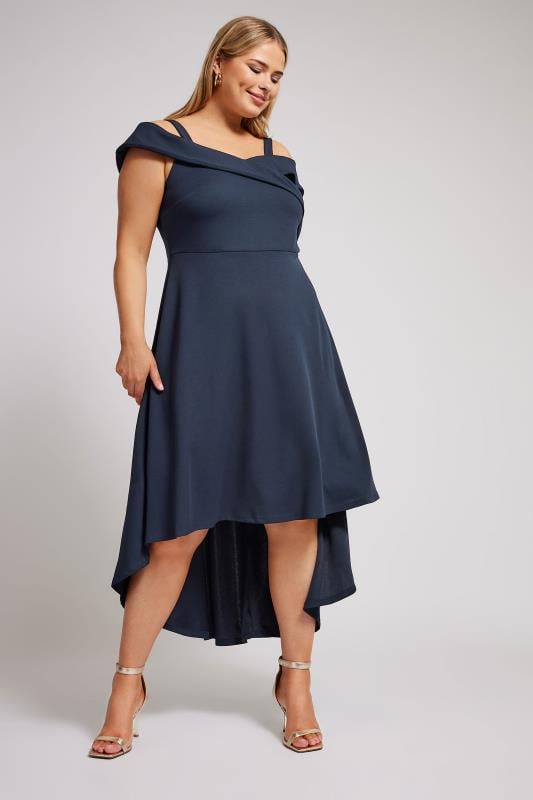 Plus Size  YOURS LONDON Curve Navy Blue Bardot Dipped Hem Dress