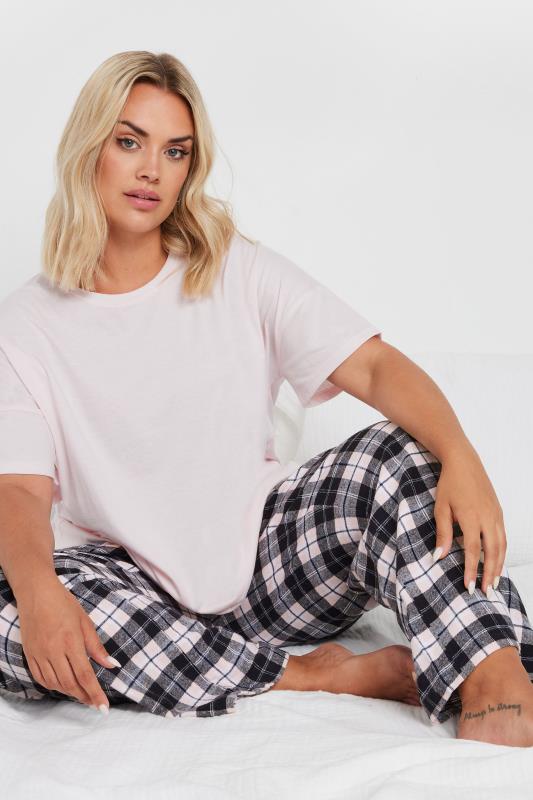 YOURS Plus Size Pink Woven Check Print Pyjama Set | Yours Clothing 1