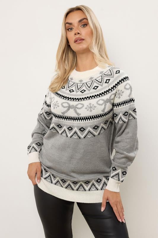  YOURS Curve Grey Fairisle Bow Jumper