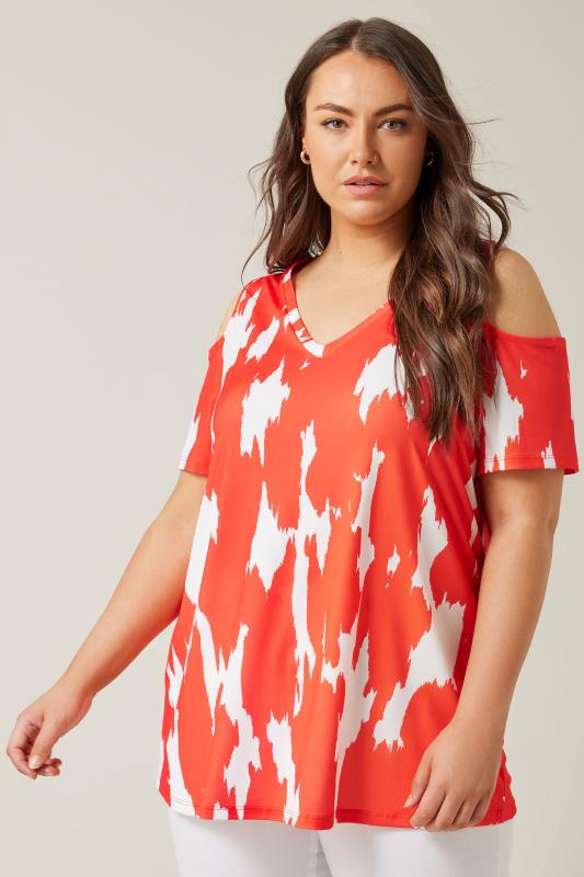 EVANS Plus Size Orange Abstract Print Cold Shoulder Top | Evans  1