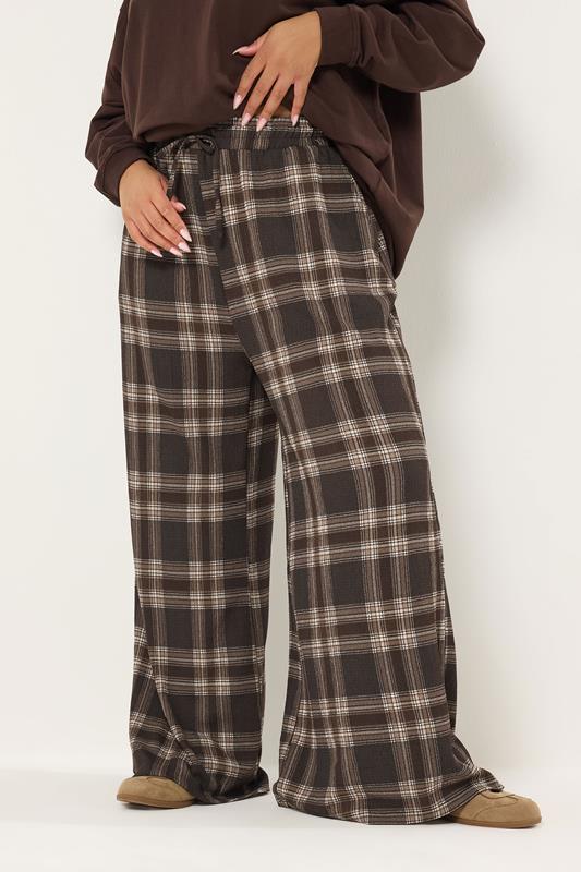  YOURS Curve Chocolate Brown Check Wide Leg Trousers