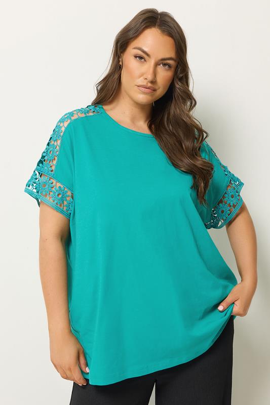 YOURS Curve Blue Crochet Sleeve T-Shirt