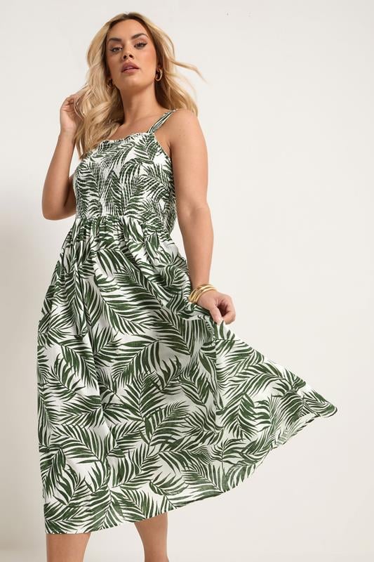 YOURS Curve Green Palm Leaf Shirred Linen Maxi Dress