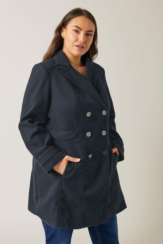 Plus Size  Evans Navy Button Detail Tailored Coat