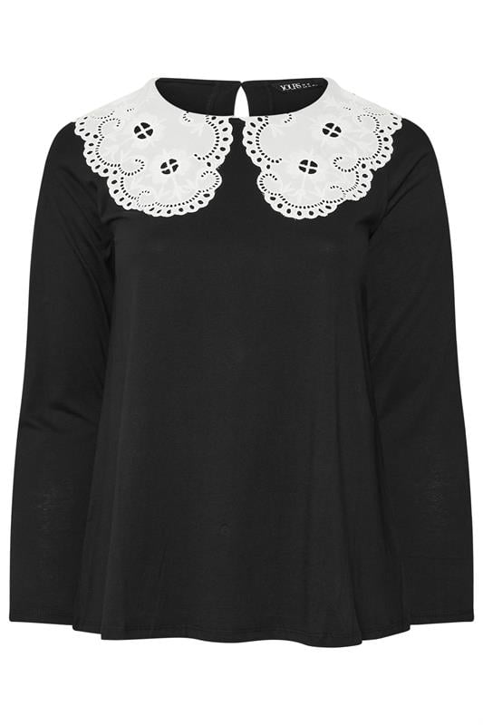 YOURS Plus Size Black Broderie Anglaise Oversized Collar Top | Yours Clothing 6
