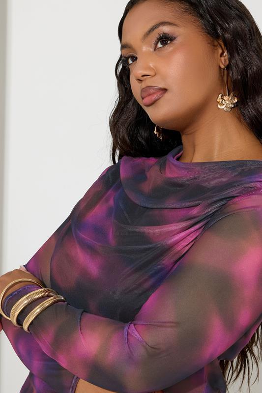 YOURS LONDON Plus Size Purple Blurred Mesh Cowl Neck Top | Yours Clothing 5