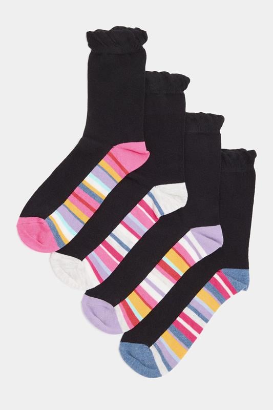 4 PACK Black Stripe Footbed Ankle Socks | Yours Clothing 1