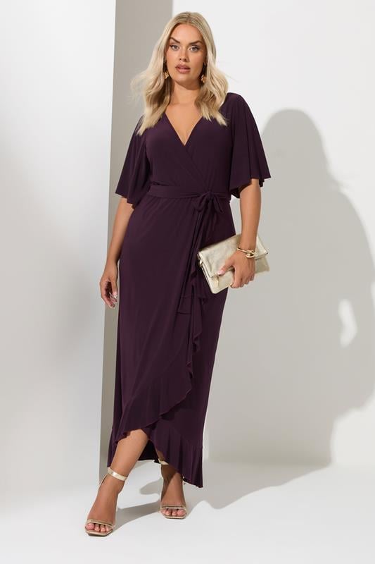 YOURS LONDON Plus Size Purple Short Sleeve Ruffle Wrap Maxi Dress | Yours Clothing  1