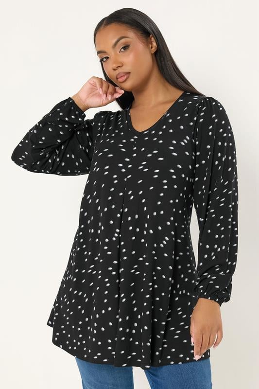 YOURS Plus Size Black Polka Dot Pleat Front Top | Yours Clothing 1
