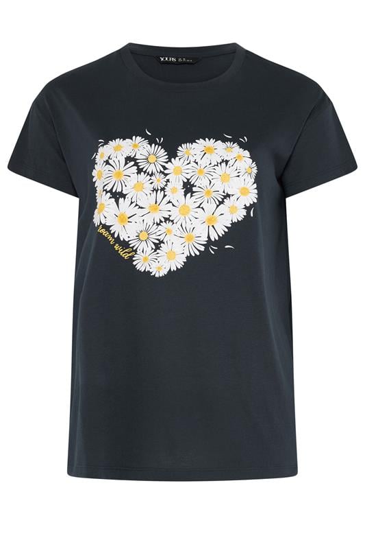 YOURS Plus Size Navy Daisy Heart Print T-Shirt | Yours Clothing 5