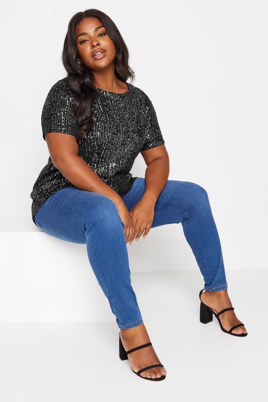 YOURS Plus Size Black & Silver Velvet Sequin Top | Yours Clothing 2