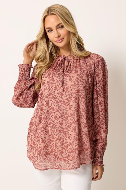  M&Co Pink Floral Tie Neck Blouse