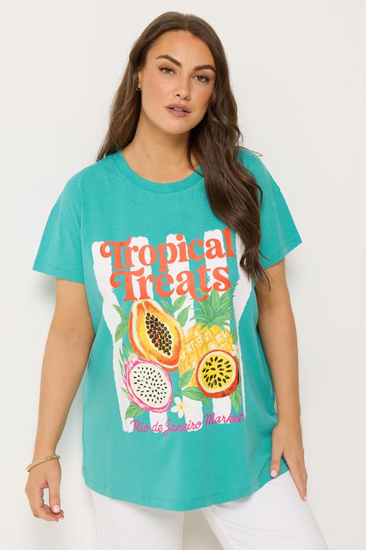 YOURS Plus Size Teal Blue 'Tropical Treats' Beaded T-Shirt | Yours Clothing 1