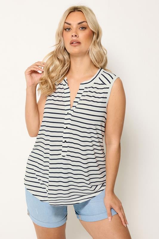YOURS Plus Size White Stripe Notch Neck Top | Yours Clothing 1