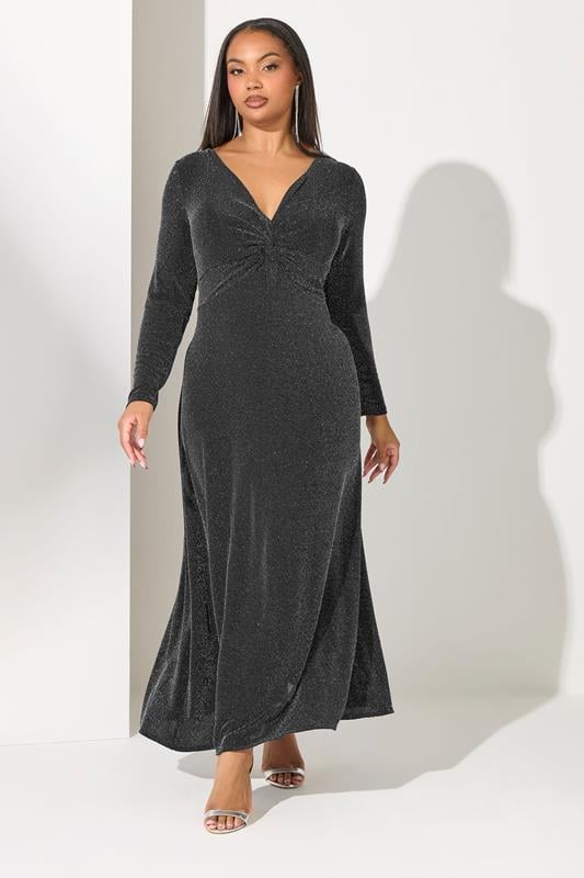 YOURS LONDON Plus Size Black Metallic Knot Front Dress | Yours Clothing 1