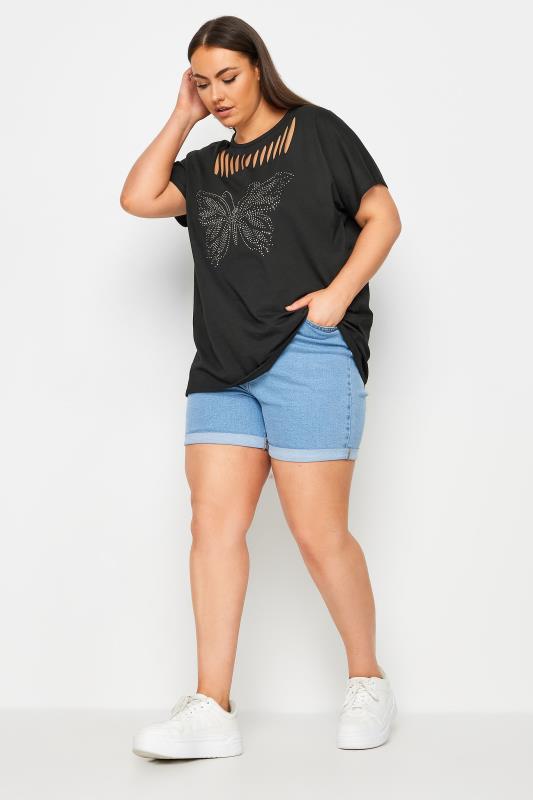 YOURS Plus Size Black Cut Out Butterfly Embellished T-Shirt | Yours Clothing 2