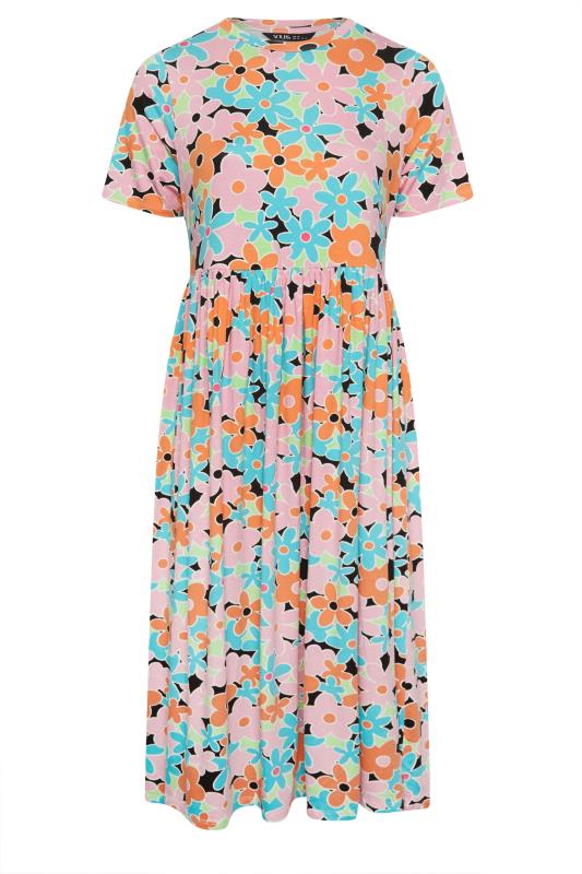 YOURS Plus Size Orange & Blue Retro Floral Print Smock Dress | Yours Clothing 5