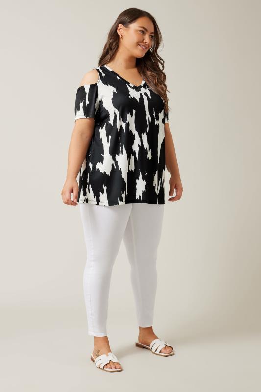 EVANS Plus Size Black Abstract Print Cold Shoulder Top | Evans 2