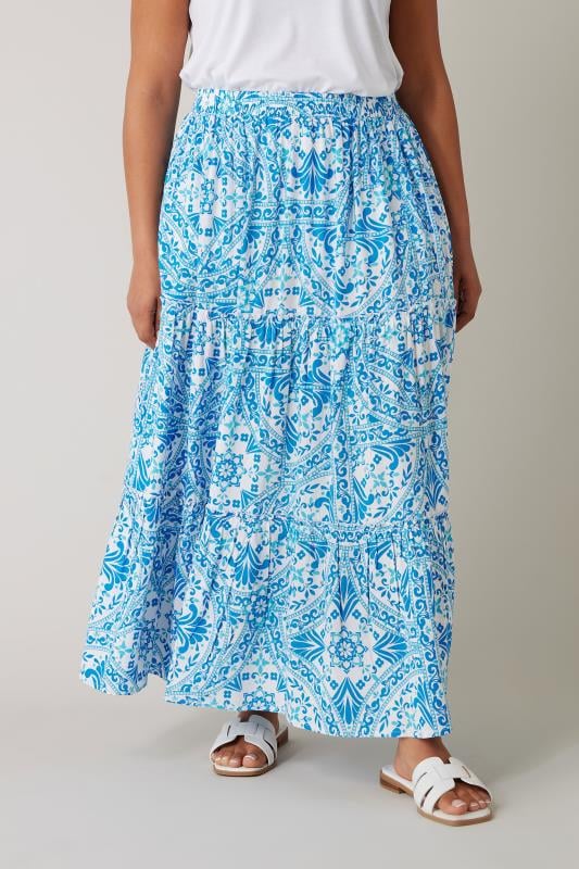 Plus Size  EVANS Curve Blue Tile Print Tiered Maxi Skirt