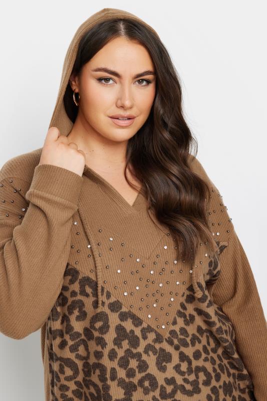 YOURS Curve Brown Leopard Print Embellished Hoodie | Yours Clothing 4