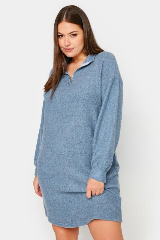 Plus Size  YOURS Curve Blue Zip Neck Soft Touch Jumper Dress