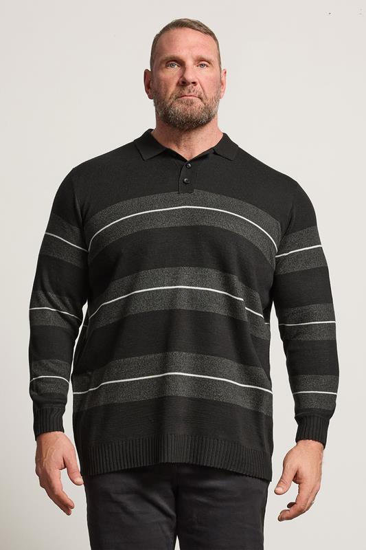 BadRhino Big & Tall Black Stripe Collared Knitted Polo | BadRhino 1