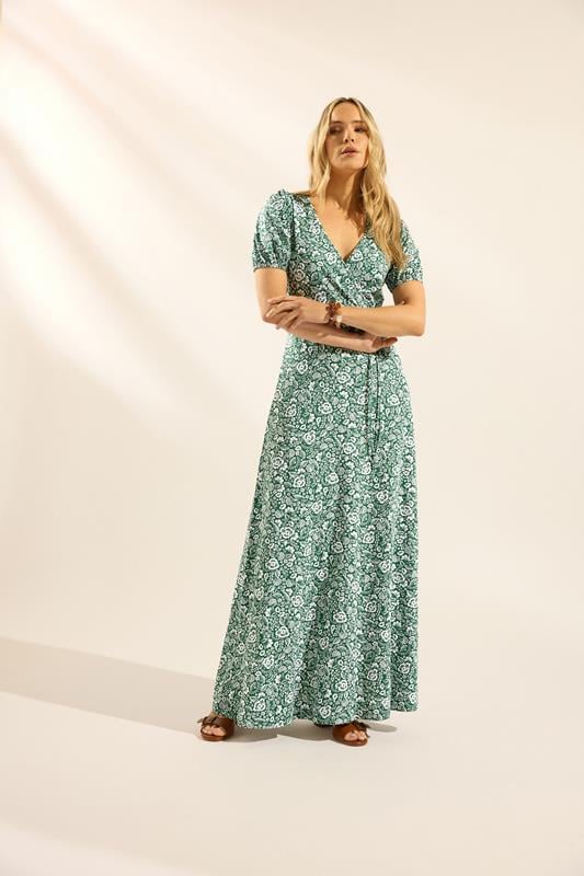 LTS Tall Green Floral Cotton Wrap Maxi Dress