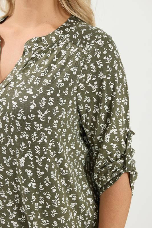 YOURS Plus Size Khaki Green Ditsy Floral Top | Yours Clothing 4