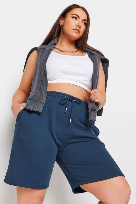 YOURS Plus Size Blue Elasticated Jogger Shorts | Yours Clothing 2