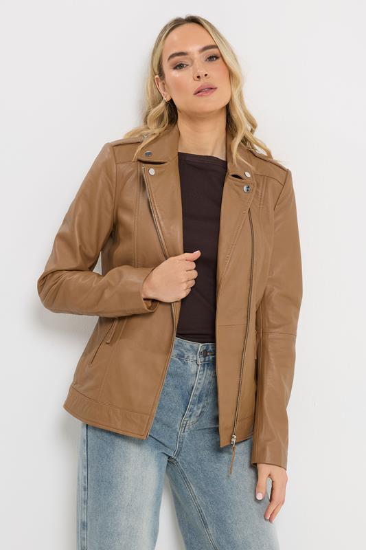 LTS PREMIUM Tall Women's Camel Brown Leather Biker Jacket | Long Tall Sally 1