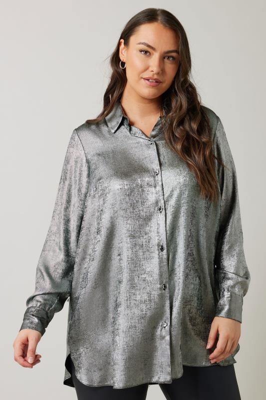 EVANS Plus Size Silver Satin Long Sleeve Shirt | Evans  1