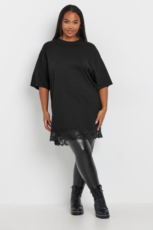 YOURS Plus Size Black Lace Hem Oversized T-Shirt Dress | Yours Clothing 2