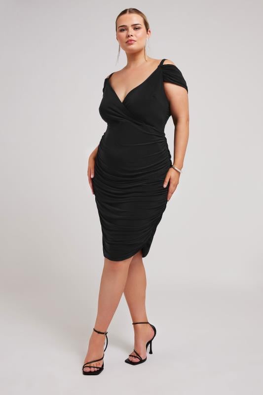 YOURS LONDON Curve Black Cold Shoulder Wrap Dress | Plus Size 1