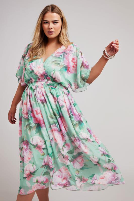 Plus Size  YOURS LONDON Curve Green Floral Print Wrap Midi Dress
