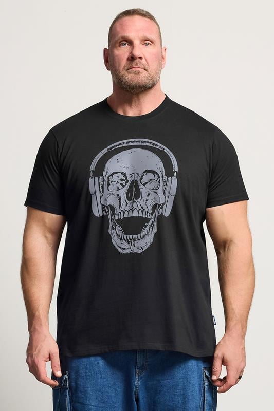 BadRhino Big & Tall Black Skull & Headphone Graphic T-Shirt