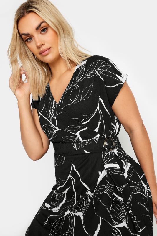 YOURS Plus Size Black Leaf Print Crinkle Midi Wrap Dress | Yours Clothing 4