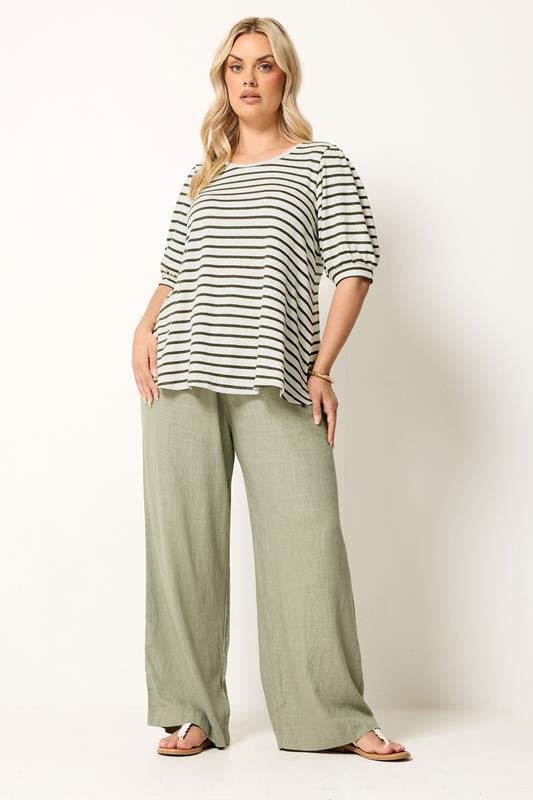 YOURS Plus Size White & Green Stripe Knitted Puff Sleeve Top | Yours Clothing 1