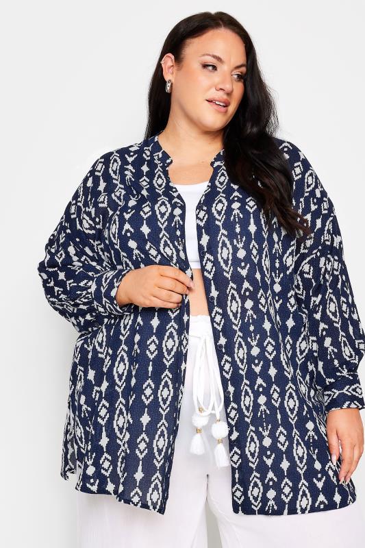YOURS Plus Size Black Abstract Print Crinkle Beach Shirt | Yours Clothing 1