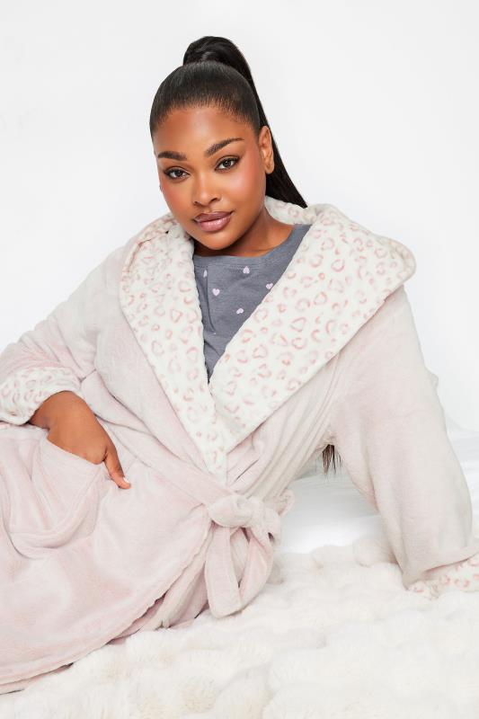 YOURS Plus Size Light Pink Animal Print Hooded Maxi Dressing Gown | Yours Clothing 4