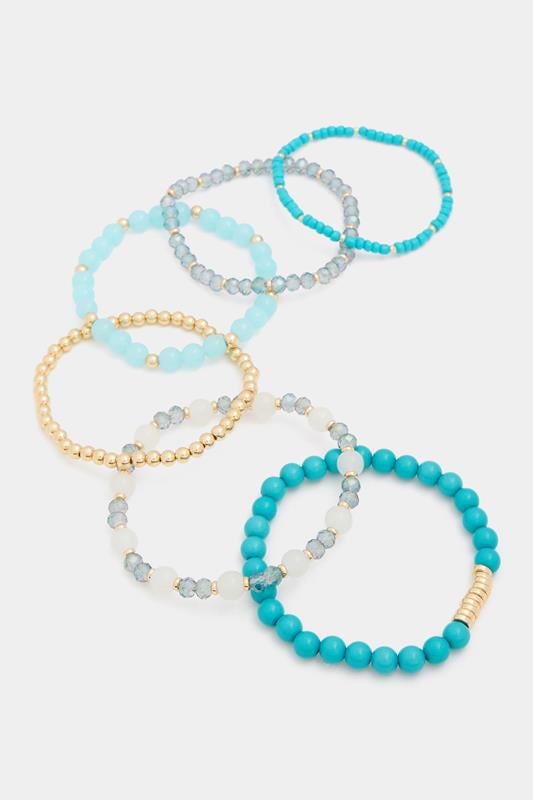 6 PACK Blue Mix Bead Stretch Bracelet Set