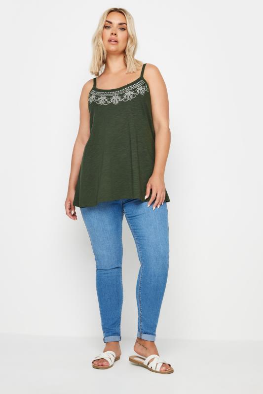 YOURS Plus Size Green Embroidered Swing Cami Top | Yours Clothing 2